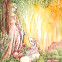 Maiden and Unicorn, 2022, Watercolor, White Ink & Pencil